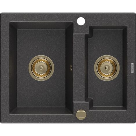 Mexen Carlos 1,5-Becken-Granitspüle 582 x 475 mm, Schwarz gesprenkelt, Siphon Gold - 6518581500-76-G