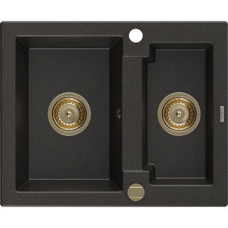 Mexen Carlos 1,5-Becken-Granitspüle 582 x 475 mm, Schwarz/Gold metallisch, Siphon Gold - 6518581500-