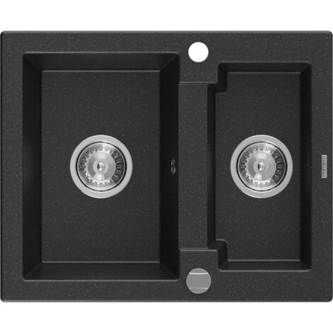Mexen Carlos 1,5-Becken-Granitspüle 582 x 475 mm, Schwarz/Silbermetallic, Siphon chrom - 6518581500-