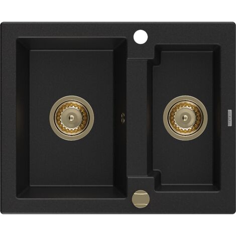 Mexen Carlos 1,5-Becken-Granitspüle 582 x 475 mm, Schwarz, Siphon Gold - 6518581500-77-G