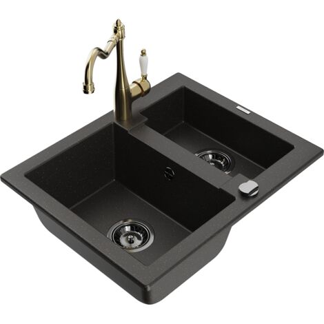 Mexen Carlos 1,5-Becken-Granitspüle mit Mischbatterie Carla, Schwarz/Gold metallisch - 6518-75-670700-50-B