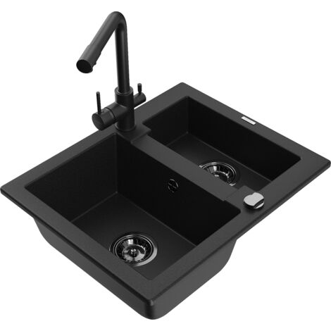 Mexen Carlos 1,5-Becken-Granitspüle mit Mischbatterie Duero, Schwarz - 6518-77-671600-70-B