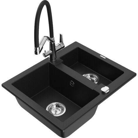 Mexen Carlos 1,5-Becken-Granitspüle mit Mischbatterie Duo, Schwarz - 6518-77-671701-07