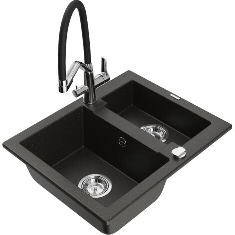 Mexen Carlos 1,5-Becken-Granitspüle mit Mischbatterie Duo, Schwarz/Gold metallisch - 6518-75-671701-