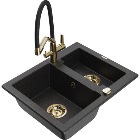 Mexen Carlos 1,5-Becken-Granitspüle mit Mischbatterie Duo, Schwarz/Silbermetallic - 6518-73-671701-5