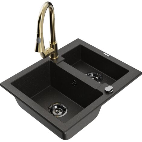 Mexen Carlos 1,5-Becken-Granitspüle mit Mischbatterie Elia, Schwarz/Gold metallisch - 6518-75-670101