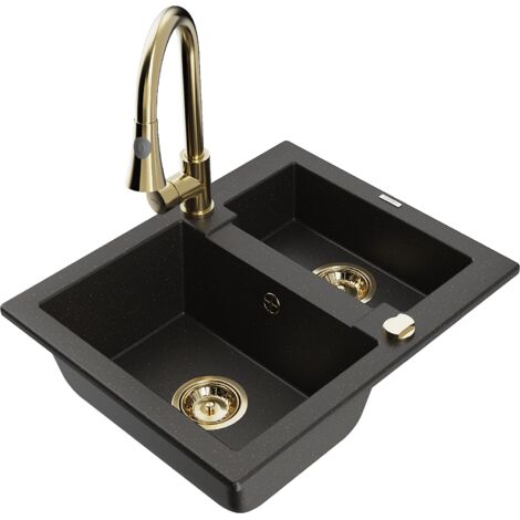 Mexen Carlos 1,5-Becken-Granitspüle mit Mischbatterie Elia, Schwarz/Gold metallisch - 6518-75-670101