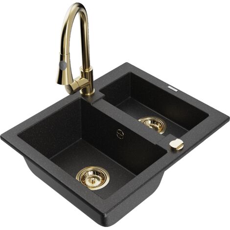 Mexen Carlos 1,5-Becken-Granitspüle mit Mischbatterie Elia, Schwarz/Silbermetallic - 6518-73-670101-