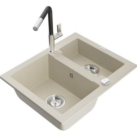 Mexen Carlos 1,5-Becken-Granitspüle mit Mischbatterie Flora, Beige - 6518-69-670401-07