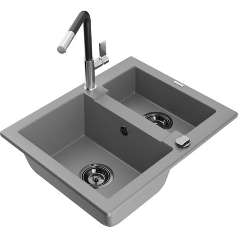 Mexen Carlos 1,5-Becken-Granitspüle mit Mischbatterie Flora, Grau - 6518-71-670401-07-B