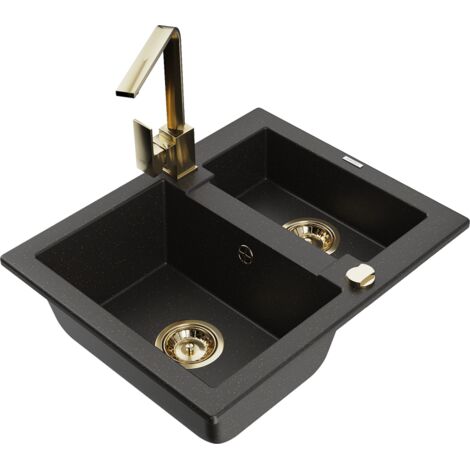Mexen Carlos 1,5-Becken-Granitspüle mit Mischbatterie Rita, Schwarz/Gold metallisch - 6518-75-670300-50