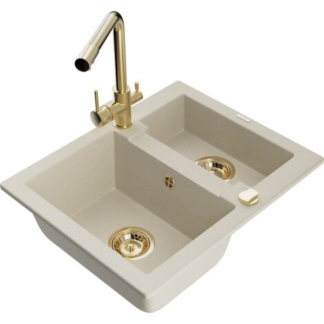 Mexen Carlos évier de cuisine en granit 1,5 bac avec robinet Duero, beige - 6518-69-671600-50