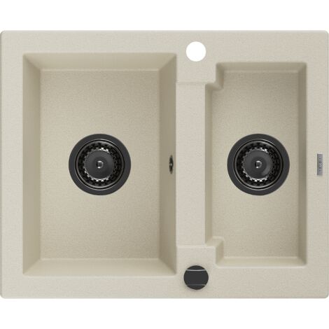 Mexen Carlos fregadero de granito 1,5-cubeta 582 x 475 mm, beige, sif贸n negro - 6518581500-69-B