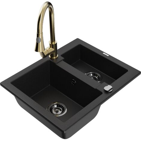 Mexen Carlos fregadero de granito 1,5 senos con grifo de cocina Elia, negro - 6518-77-670101-50-B
