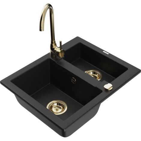 Mexen Carlos fregadero de granito 1,5 tazones con grifo de cocina Telma, negro - 6518-77-670200-50