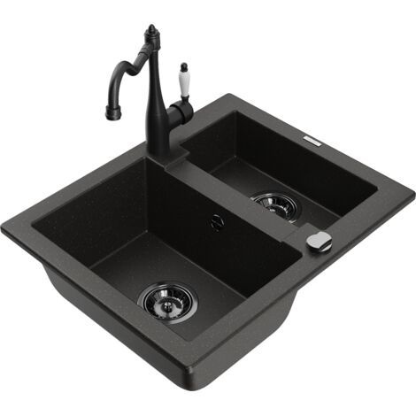 Mexen Carlos fregadero de granito de 1,5 cubetas con grifo de cocina Carla, negro/dorado met谩lico - 6518-75-670700-70-B