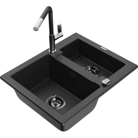Mexen Carlos fregadero de granito de 1,5 huecos con grifo de cocina Flora, negro/met谩lico plateado - 6518-73-670401-07-B