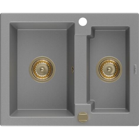Mexen Carlos fregadero de granito de 1,5 senos 582 x 475 mm, gris, sif贸n dorado - 6518581500-71-G