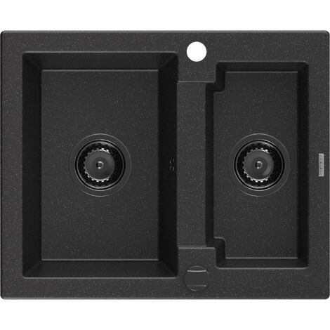 Mexen Carlos fregadero de granito de 1,5 senos 582 x 475 mm, negro/plateado met谩lico, sif贸n negro - 6518581500-73-B