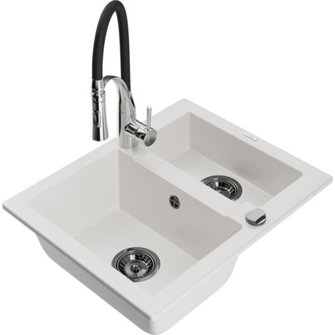Mexen Carlos fregadero de granito de 1,5 senos con grifo de cocina Aster, blanco - 6518-20-73450-07-B