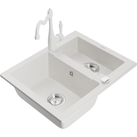 Mexen Carlos fregadero de granito de 1,5 senos con grifo de cocina Carla, blanco - 6518-20-670700-20