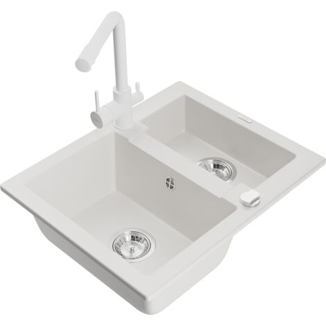 Mexen Carlos fregadero de granito de 1.5 senos con grifo de cocina Duero, blanco - 6518-20-671600-20