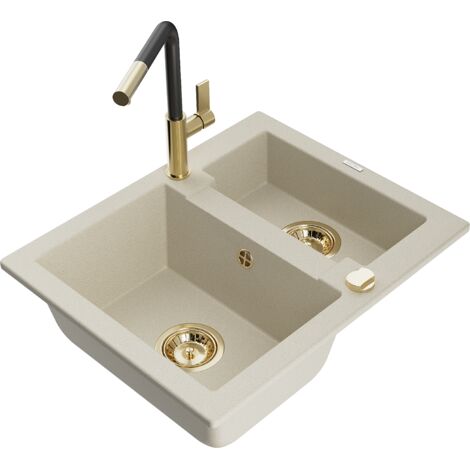 Mexen Carlos fregadero de granito de 1,5 senos con grifo de cocina Flora, beige - 6518-69-670401-57-G