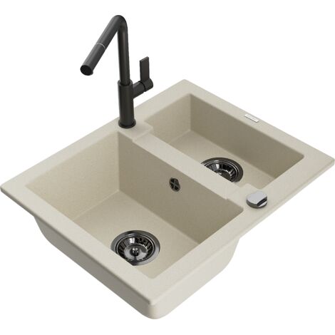 Mexen Carlos fregadero de granito de 1,5 senos con grifo de cocina Flora, beige - 6518-69-670401-70-B