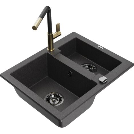 Mexen Carlos fregadero de granito de 1,5 senos con grifo de cocina Flora, negro moteado - 6518-76-670401-57-B