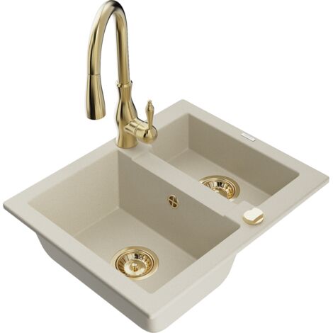 Mexen Carlos fregadero de granito de 1,5 senos con grifo de cocina Savita, beige - 6518-69-672601-50