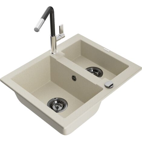 Mexen Carlos lavello da cucina in granito 1,5 vasche con miscelatore Flora, beige - 6518-69-670401-07-B