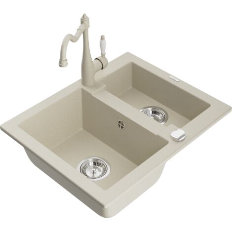 Mexen Carlos lavello da cucina in granito con 1,5 vasche e rubinetto Carla, beige - 6518-69-670700-69