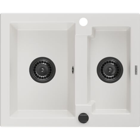 Mexen Carlos lavello in granito 1,5-vani 582 x 475 mm, bianco, sifone nero - 6518581500-20-B