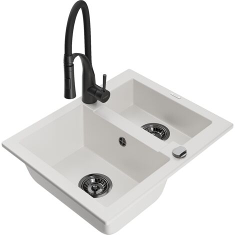 Mexen Carlos lavello in granito 1,5 vasca con miscelatore da cucina Aster, bianco - 6518-20-73450-70-B