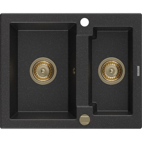 Mexen Carlos lavello in granito 1,5 vasche 582 x 475 mm, nero/argento metallizzato, sifone dorato - 6518581500-73-G
