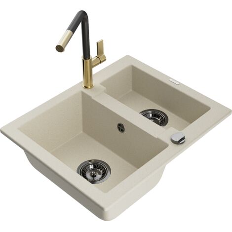 Mexen Carlos lavello in granito 1,5 vasche con miscelatore da cucina Flora, beige - 6518-69-670401-57-B