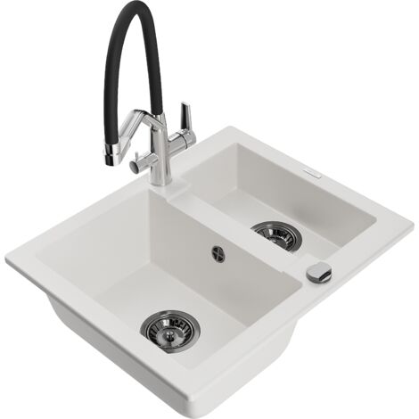 Mexen Carlos lavello in granito a 1,5 vasche con rubinetto da cucina Duo, bianco - 6518-20-671701-07-B