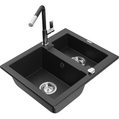 Mexen Carlos lavello in granito a 1,5 vasche con rubinetto da cucina Flora, nero/argento metallizzato - 6518-73-670401-07