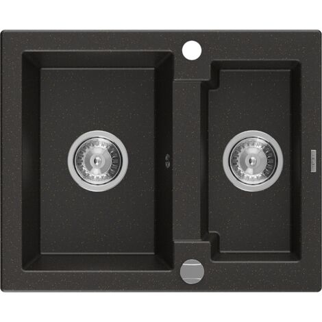 Mexen Carlos lavello in granito da 1,5 vasche 582 x 475 mm, nero/oro metallizzato, sifone cromato - 6518581500-75
