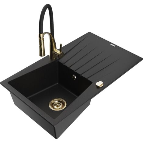 Mexen Cesar 1 Becken-Granitspüle mit Abtropffläche und Mischbatterie Aster, Schwarz - 6514-77-73450-57-G