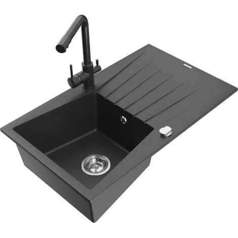 Mexen Cesar 1 Becken-Granitspüle mit Abtropffläche und Mischbatterie Duero, Schwarz gesprenkelt - 6514-76-671600-76