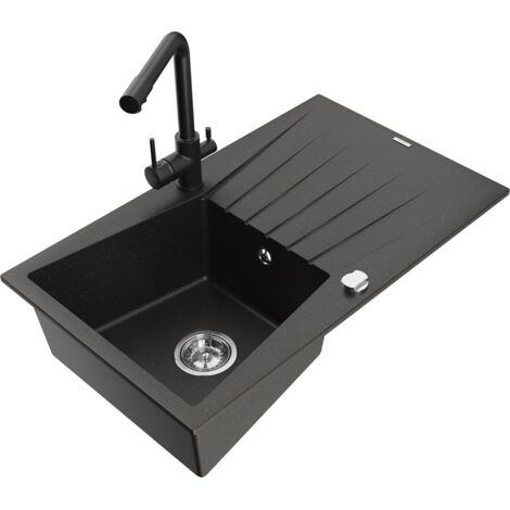 Mexen Cesar 1 Becken-Granitspüle mit Abtropffläche und Mischbatterie Duero, Schwarz/Gold metallisch - 6514-75-671600-70