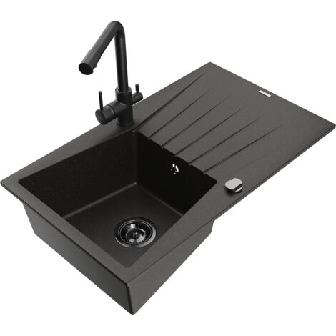 Mexen Cesar 1 Becken-Granitspüle mit Abtropffläche und Mischbatterie Duero, Schwarz/Gold metallisch - 6514-75-671600-70-B