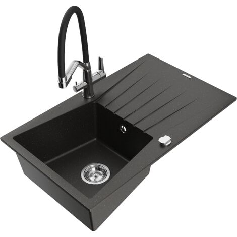 Mexen Cesar 1 Becken-Granitspüle mit Abtropffläche und Mischbatterie Duo, Schwarz/Gold metallisch -