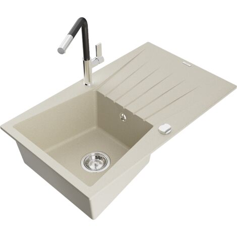 Mexen Cesar 1 Becken-Granitspüle mit Abtropffläche und Mischbatterie Flora, Beige - 6514-69-670401-0