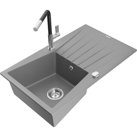 Mexen Cesar 1 Becken-Granitspüle mit Abtropffläche und Mischbatterie Flora, Grau - 6514-71-670401-07