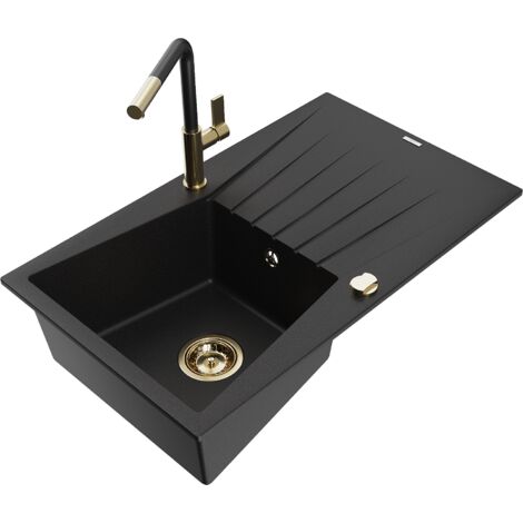 Mexen Cesar 1 Becken-Granitspüle mit Abtropffläche und Mischbatterie Flora, Schwarz - 6514-77-670401