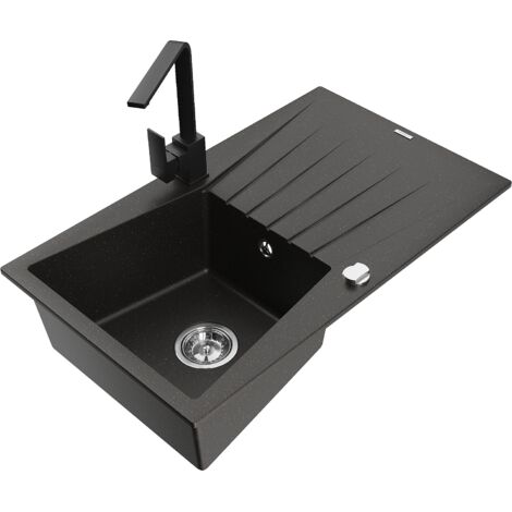 Mexen Cesar 1 Becken-Granitspüle mit Abtropffläche und Mischbatterie Rita, Schwarz/Gold metallisch -