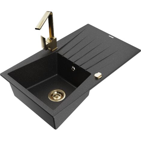 Mexen Cesar 1 Becken-Granitspüle mit Abtropffläche und Mischbatterie Rita, Schwarz/Silbermetallic -