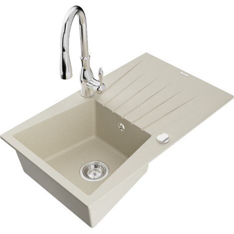 Mexen Cesar 1 Becken-Granitspüle mit Abtropffläche und Mischbatterie Savita, Beige - 6514-69-672601-